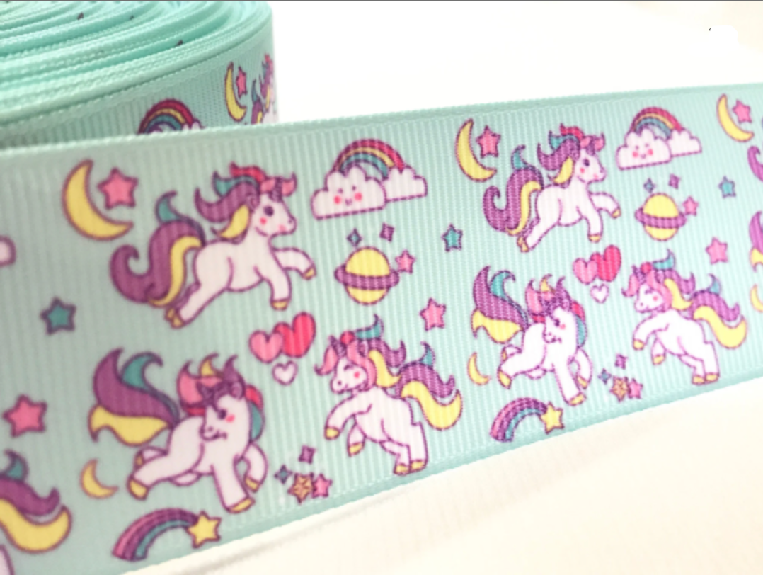 Unicorn and Rainbows Ribbon 38mm Unicorn Mint Green Ribbon 1.5" 5 Yards