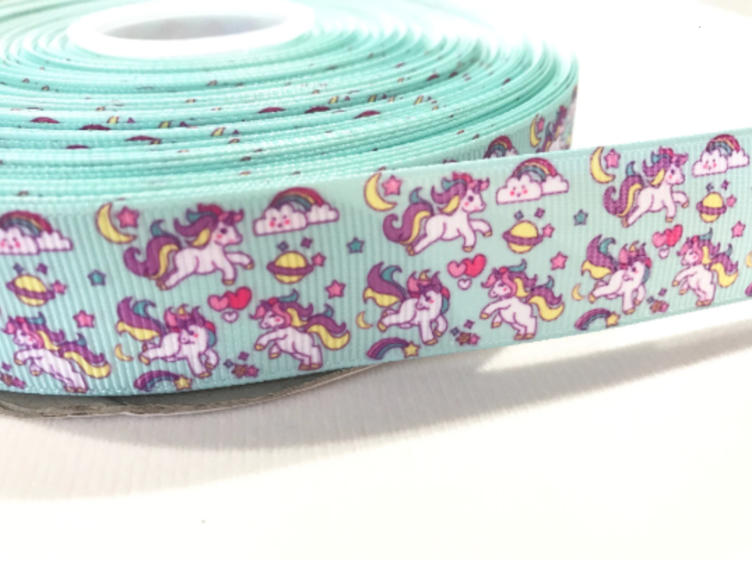 Unicorn and Rainbows Ribbon 25mm Unicorn Mint Green Ribbon 1" 5 Yards