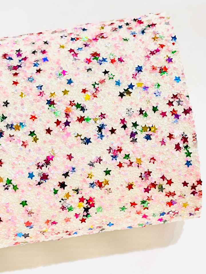 Cuir pailleté étoiles arc-en-ciel rose clair et blanc