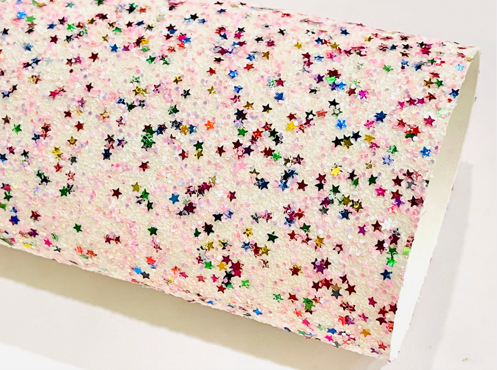 Cuir pailleté étoiles arc-en-ciel rose clair et blanc