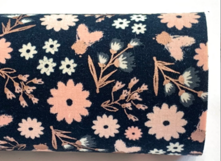 Feuilles de tissu double face à fleurs métalliques bleu marine et or rose