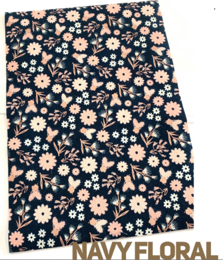 Feuilles de tissu double face à fleurs métalliques bleu marine et or rose