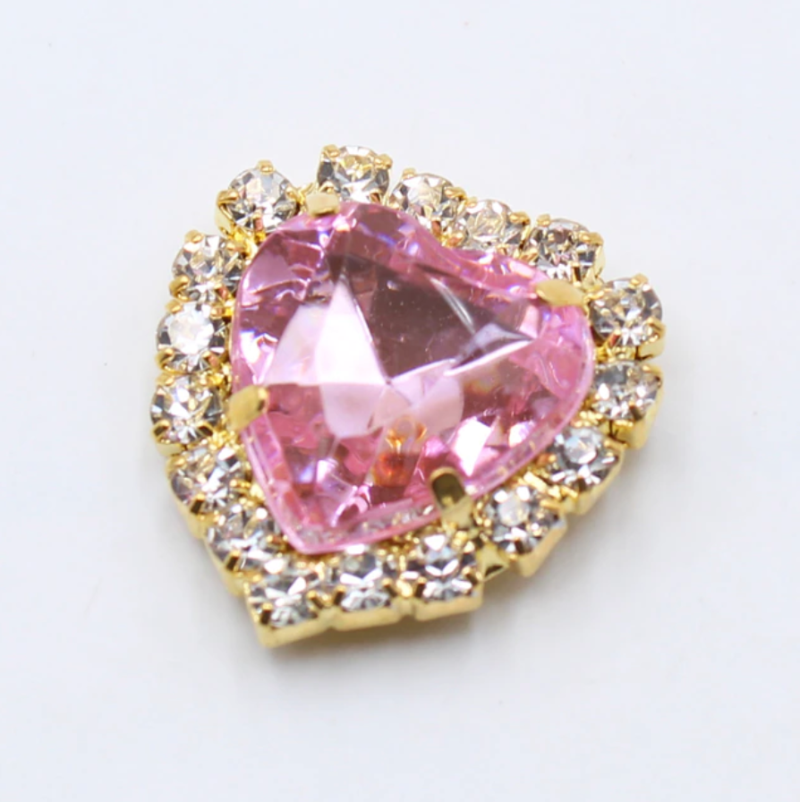 5 x Heart Shaped Rhinestone Flatback Embellishments with Gold Claw Setting - Light Pink