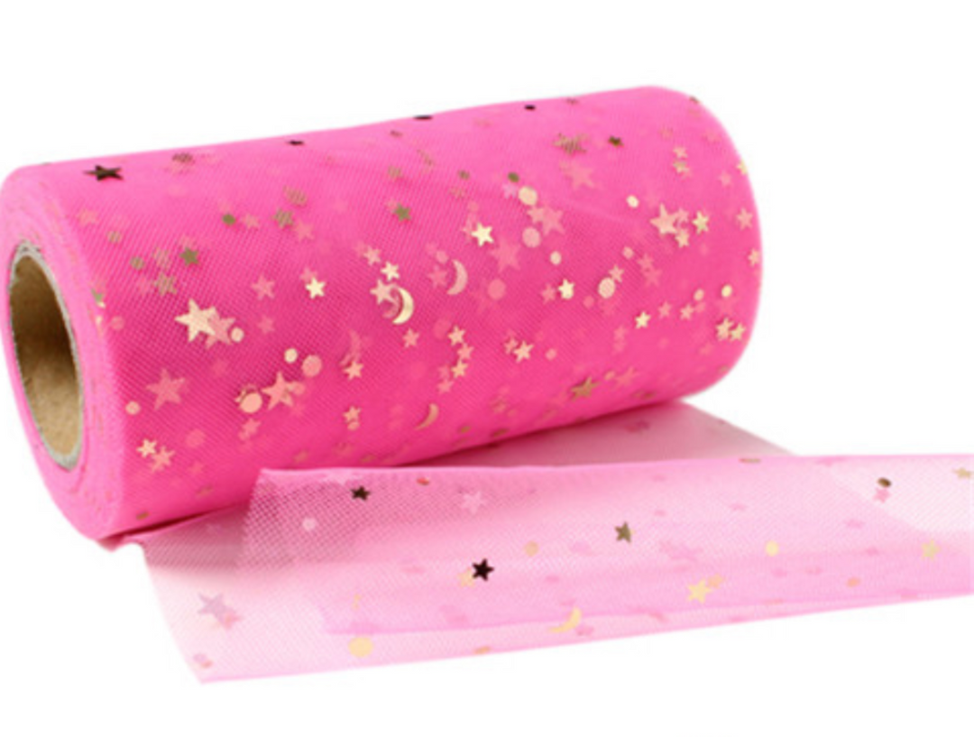 Tulle à paillettes Rose Rose avec étoiles à paillettes dorées, 15cm x 5 yards, LOT