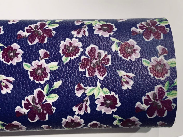Navy and Plum Floral Print Faux Leather Fabric