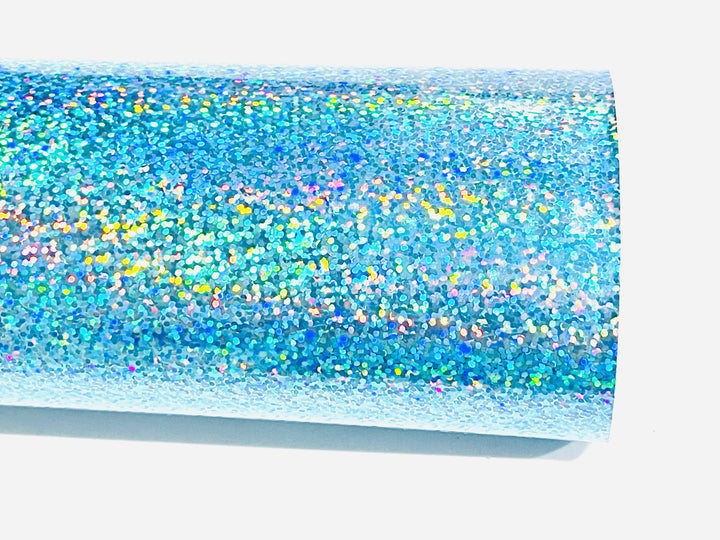 Light Blue Sparkle Holographic Glitter Smooth Leatherette