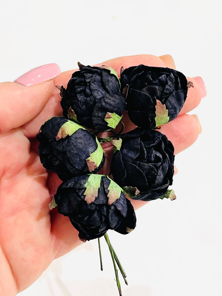Lots of 5  30mm Ranunculus Mulberry Paper Flowers - Black