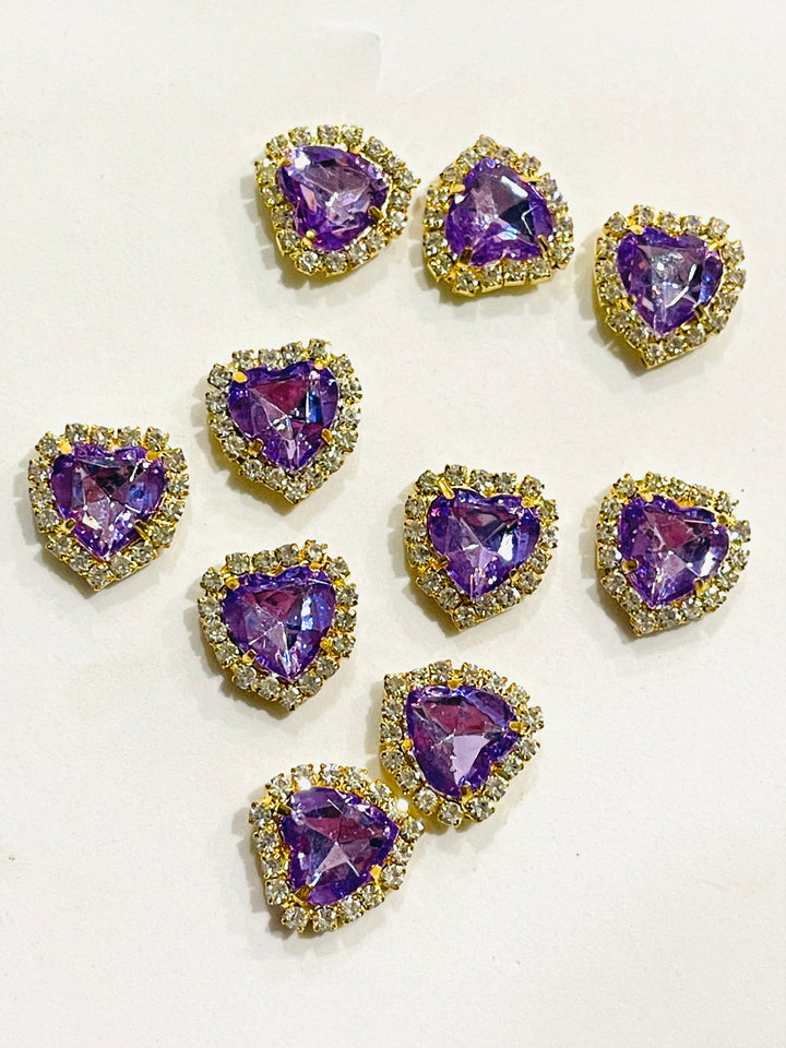 5 x Embellissements à dos plat en strass en forme de cœur avec sertissage griffe dorée - Ameythst