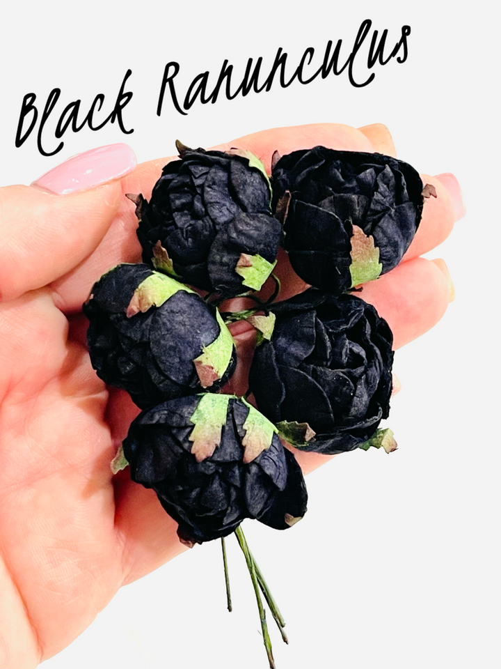 Lots of 5  30mm Ranunculus Mulberry Paper Flowers - Black