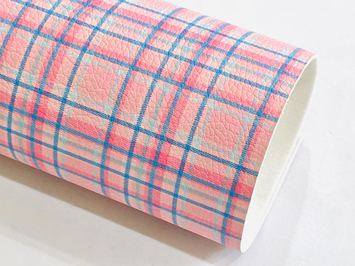 Pink Blue Plaid Print Faux Leatherette