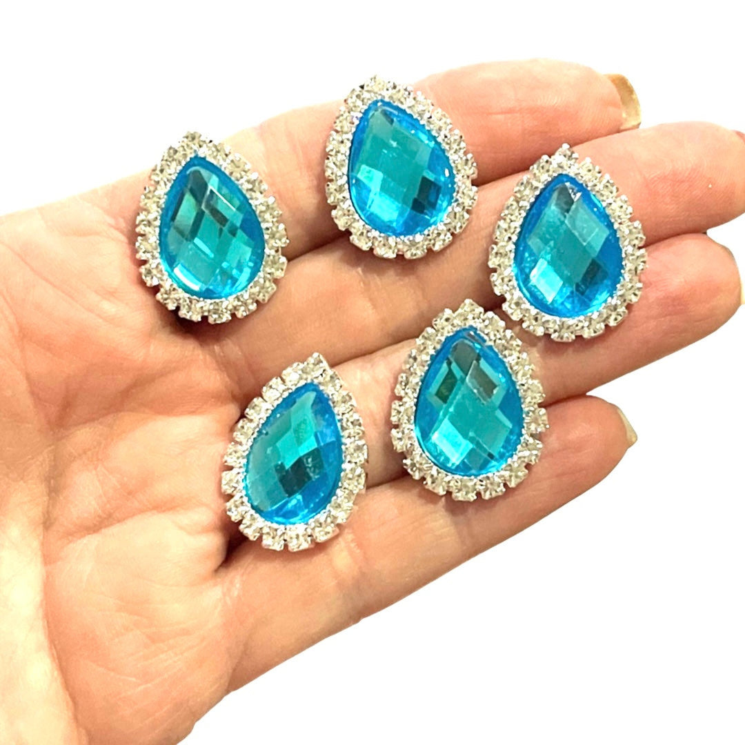 5 x Embellissements à dos plat en strass en forme de poire - Aigue-marine
