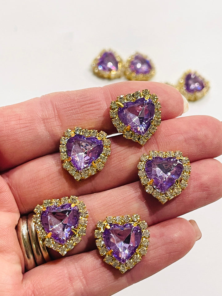 5 x Embellissements à dos plat en strass en forme de cœur avec sertissage griffe dorée - Ameythst