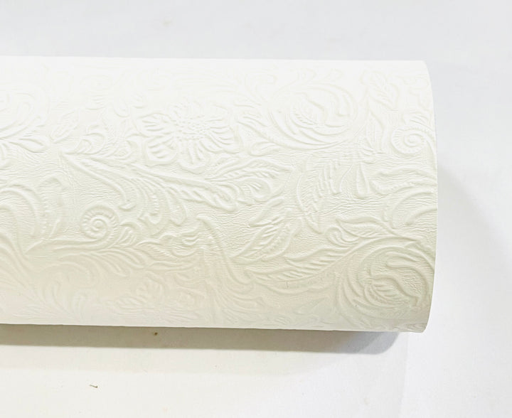 Similicuir en relief floral vintage blanc par feuille