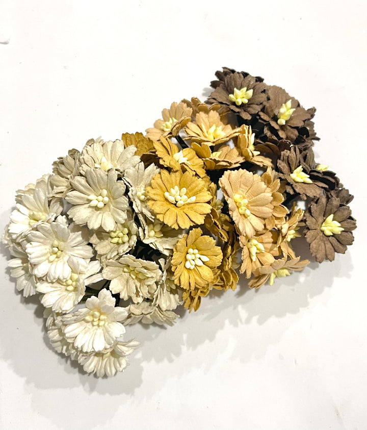 25 pcs Brown and White Mix Cosmos Daisies Mulberry Paper Flowers - 25mm