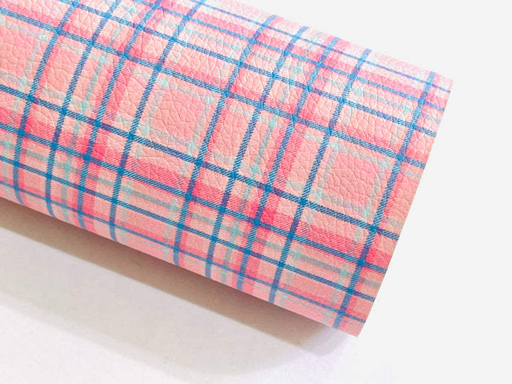 Pink Blue Plaid Print Faux Leatherette