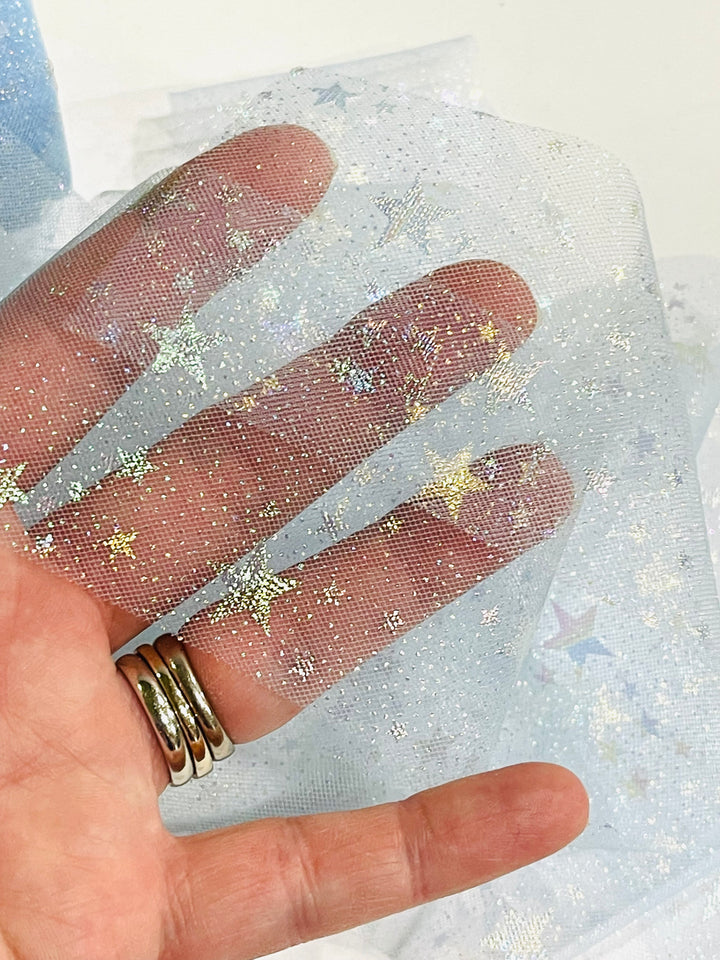 Light Blue Stars Tulle 2.16" 5.5cm x 5 Yard Lot