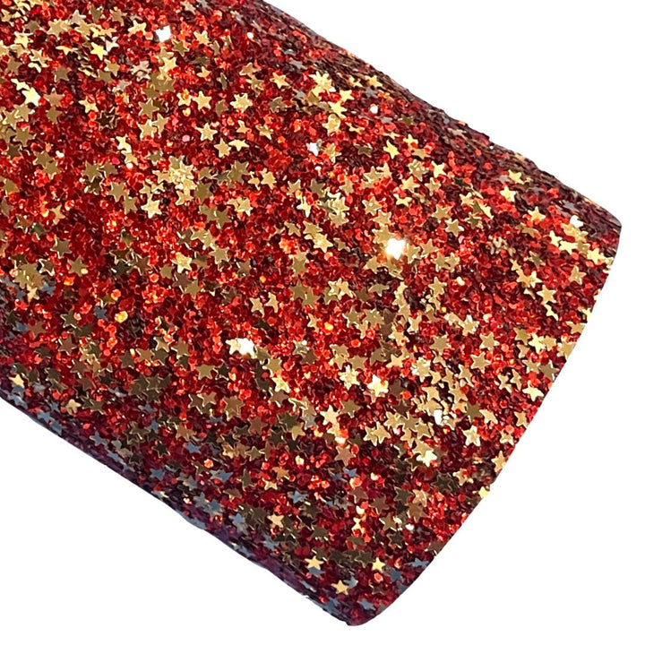 Toile à paillettes épaisses étoiles rouges et dorées