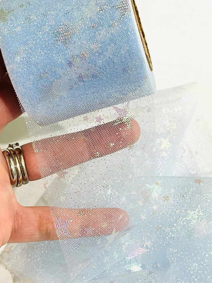 Light Blue Stars Tulle 2.16" 5.5cm x 5 Yard Lot