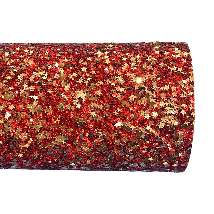 Toile à paillettes épaisses étoiles rouges et dorées