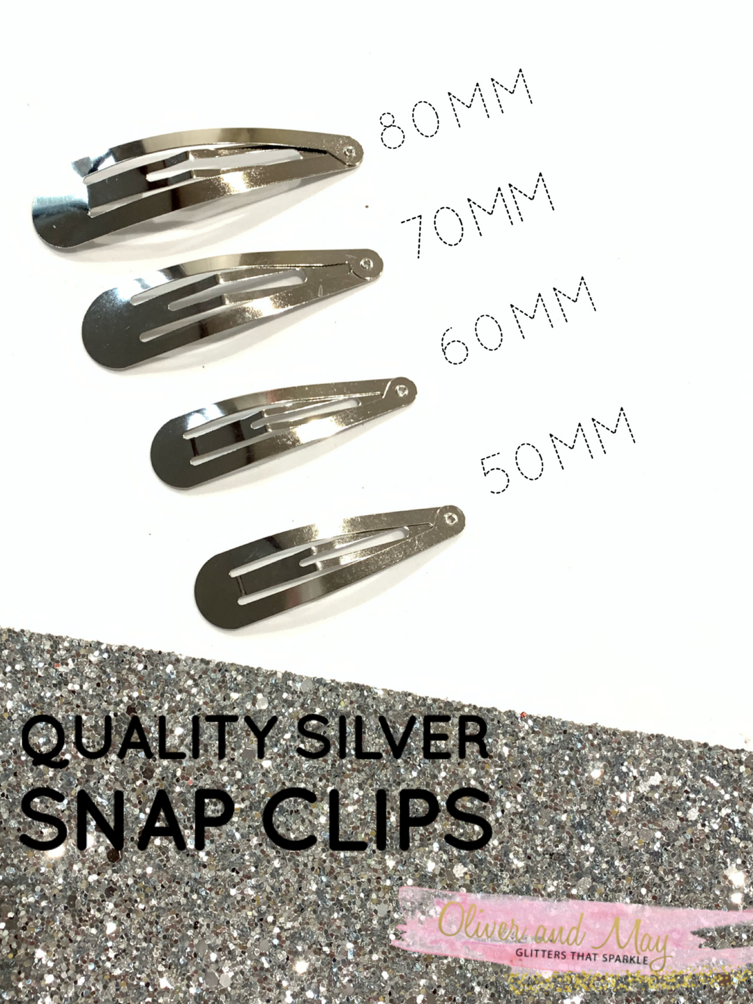 Clips à pression argentés de qualité – 90 mm, 80 mm, 70 mm, 60 mm, 50 mm et 32 mm.