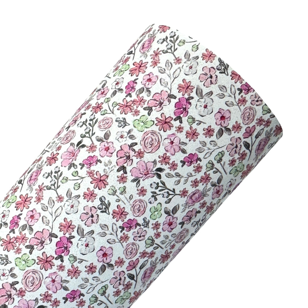 Pink Floral Shimmer Suede Leatherette