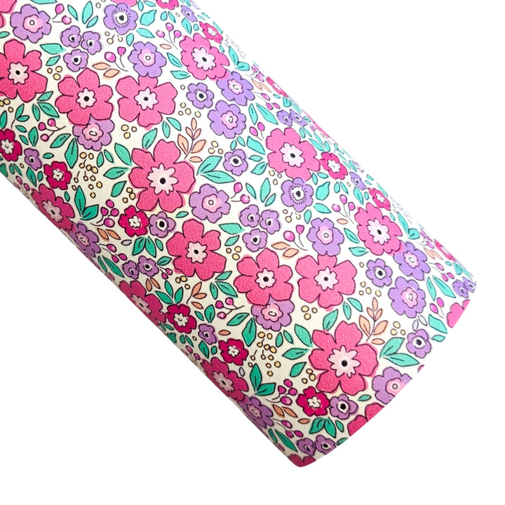 Pink Purple Floral Shimmer Suede Leatherette