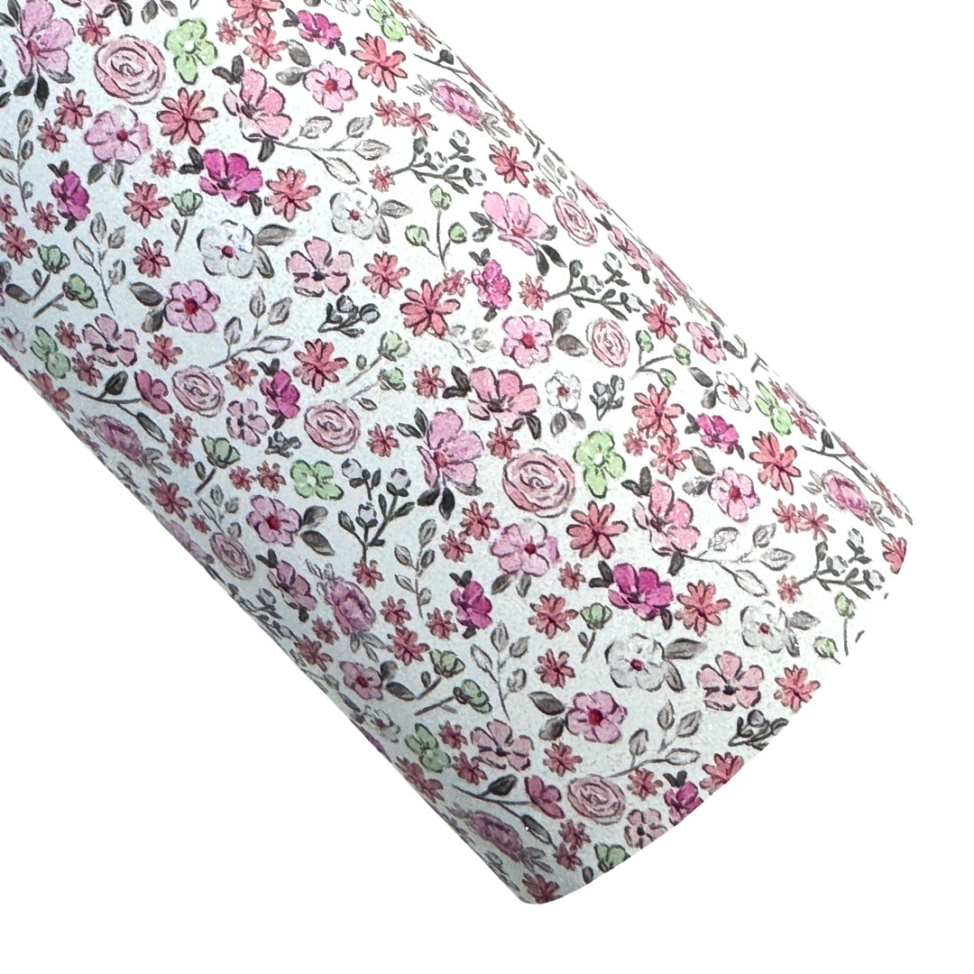 Pink Floral Shimmer Suede Leatherette