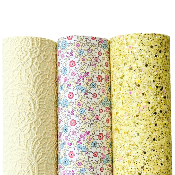 Yellow Floral Shimmer Suede Leatherette
