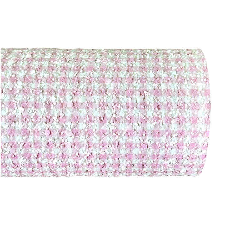 Light Pink Gingham Chunky Glitter Leather | Available in rolls | Mixed Glitter Leather