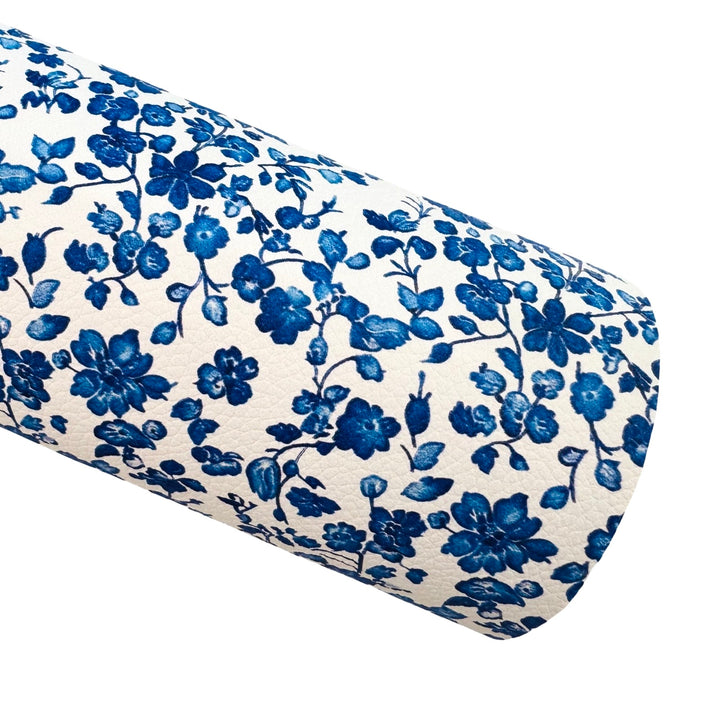 Blue White Ditsy Floral Custom Print Faux Leatherette