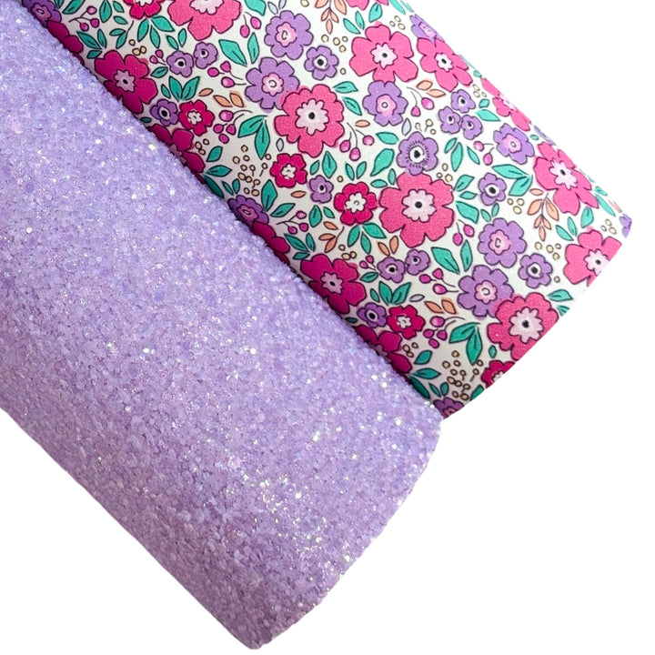 Pink Purple Floral Shimmer Suede Leatherette