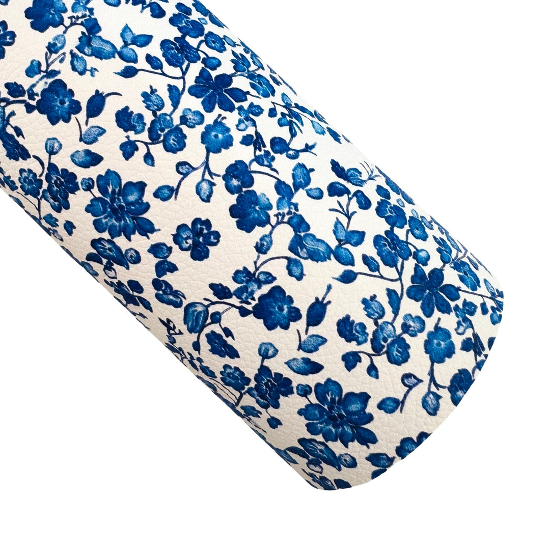 Blue White Ditsy Floral Custom Print Faux Leatherette