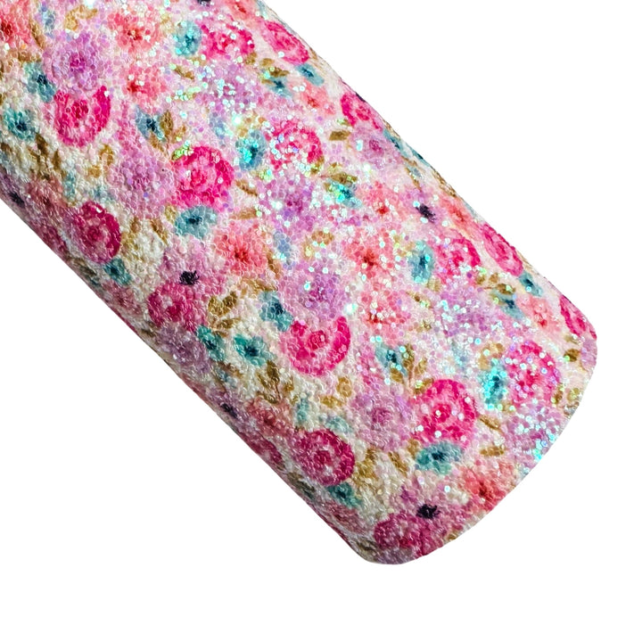 Pink Watercolour Roses Chunky Glitter Leather
