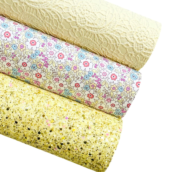 Yellow Floral Shimmer Suede Leatherette