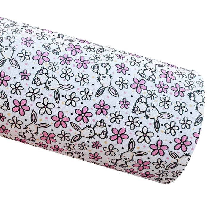 Pink White Easter Bunny Smooth Faux Leather Sheet