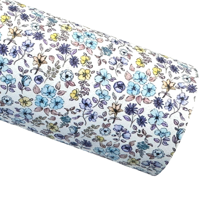 Blue Floral Shimmer Suede Leatherette