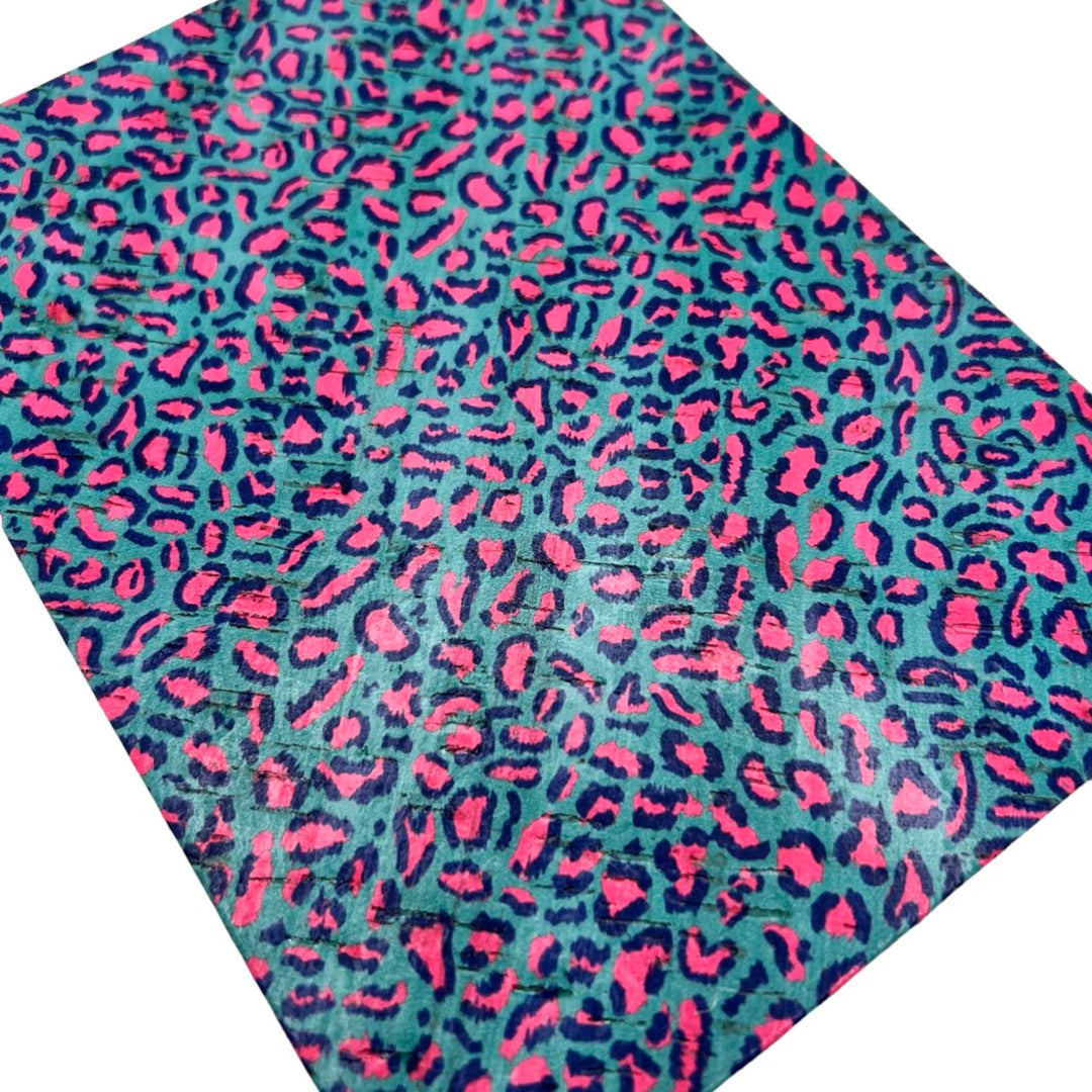 PRE ORDER Aqua & Pink Abstract Leopard Retro Print Leather Backed Cork - Genuine Printed Leather