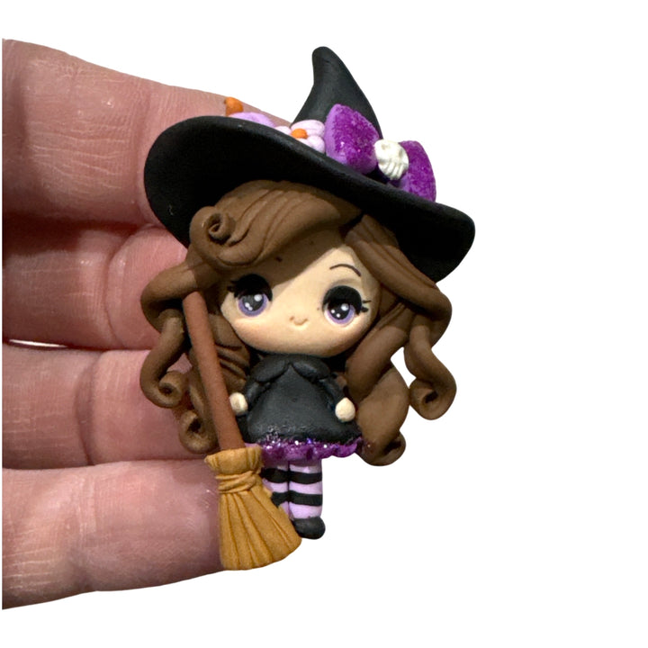 Brunette Purple Witch with a broom Bow Clays from Temptress Maker