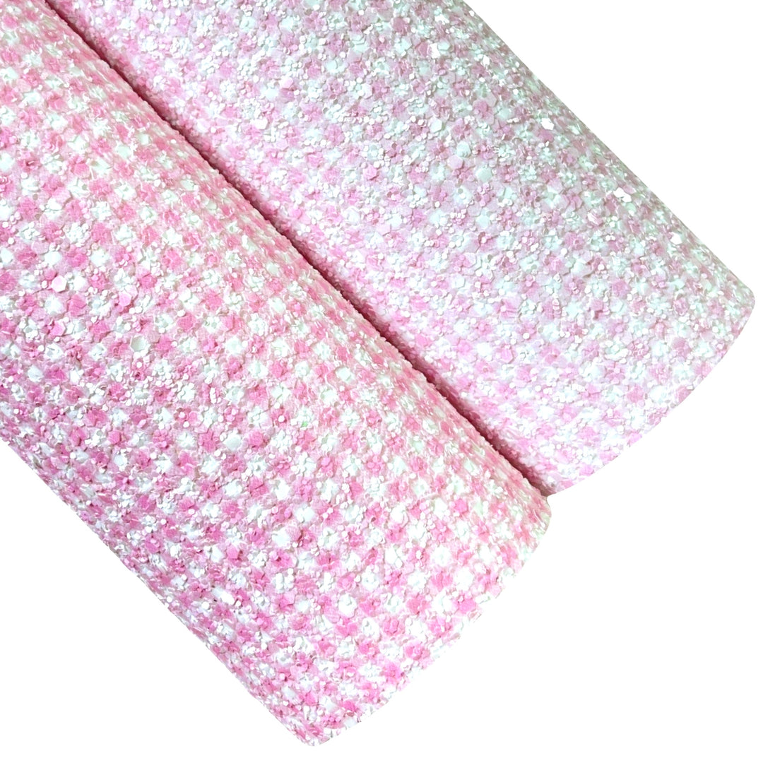 Pink Gingham Chunky Glitter Leather | Available in rolls | Mixed Glitter Leather