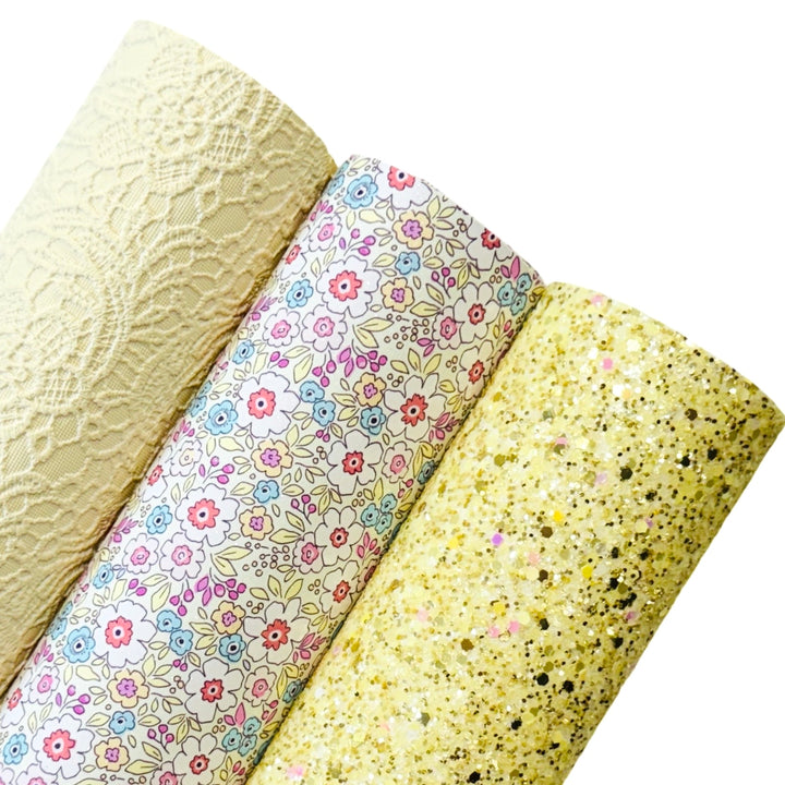 Yellow Floral Shimmer Suede Leatherette
