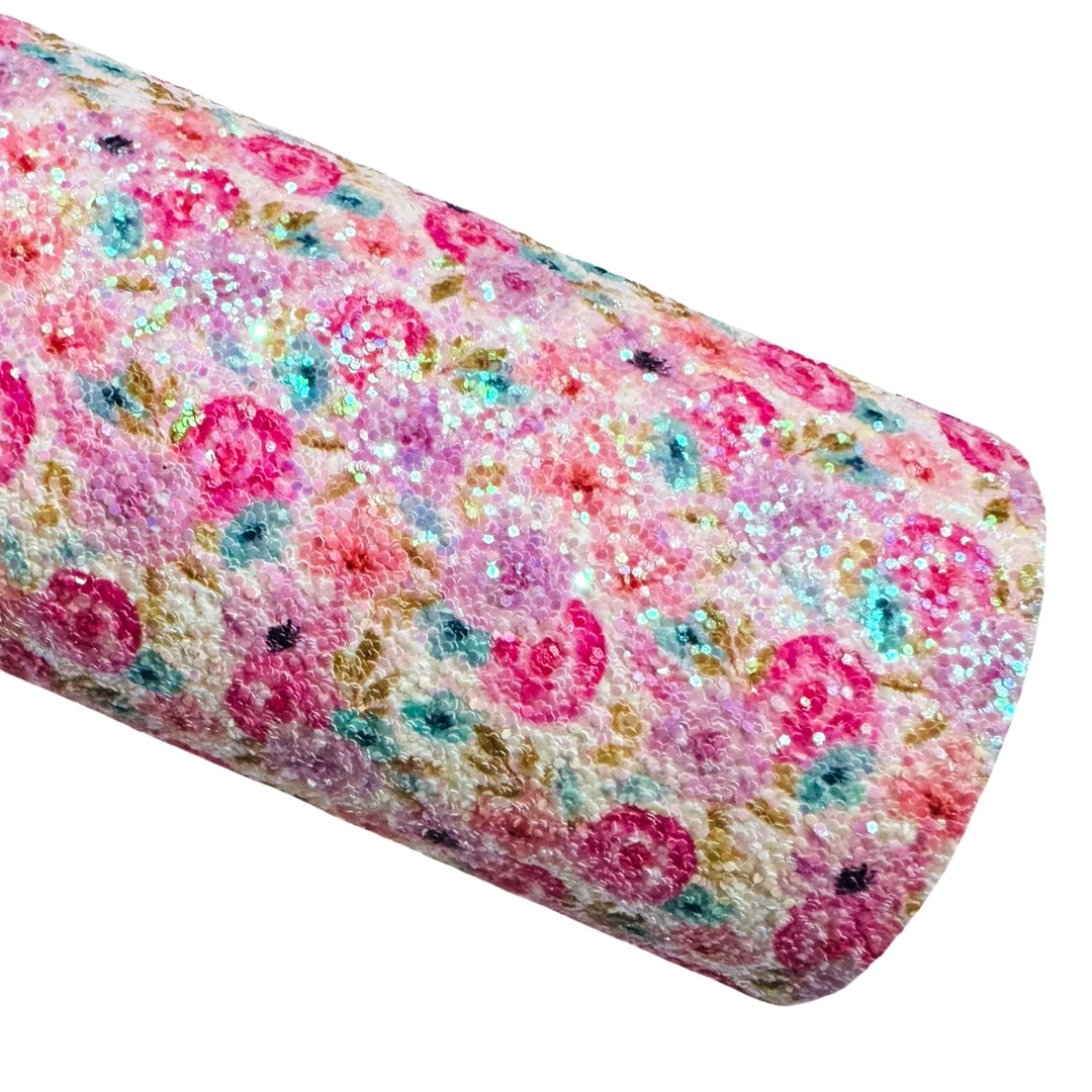 Pink Watercolour Roses Chunky Glitter Leather