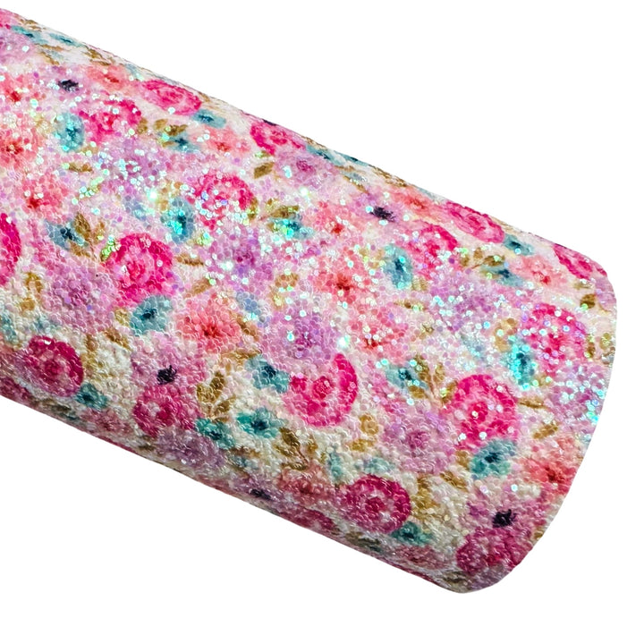Pink Watercolour Roses Chunky Glitter Leather