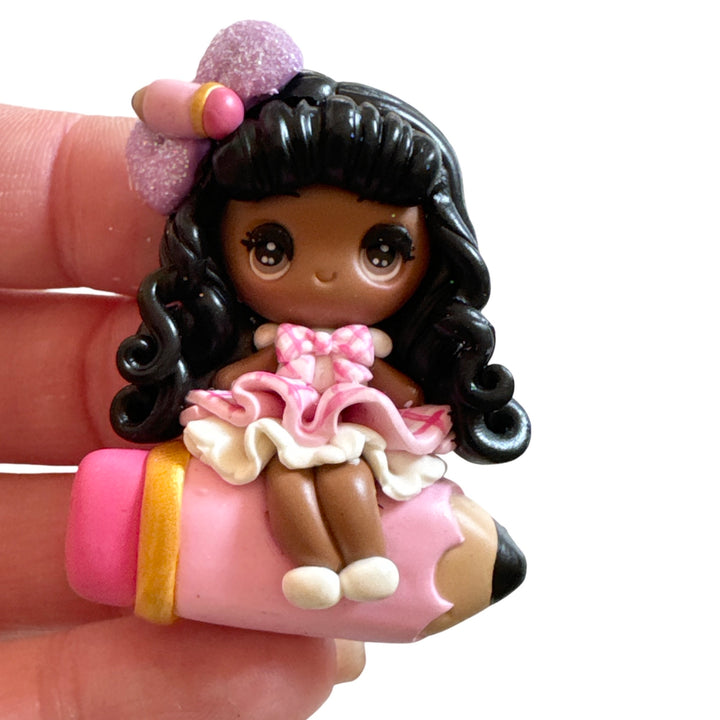 School Girl with Slingbag on Giant Pencil Bow Clay Embellishments - Temptress Maker - Choice of 3 Styles