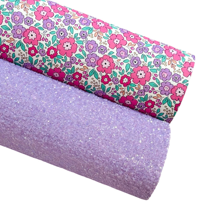 Pink Purple Floral Shimmer Suede Leatherette