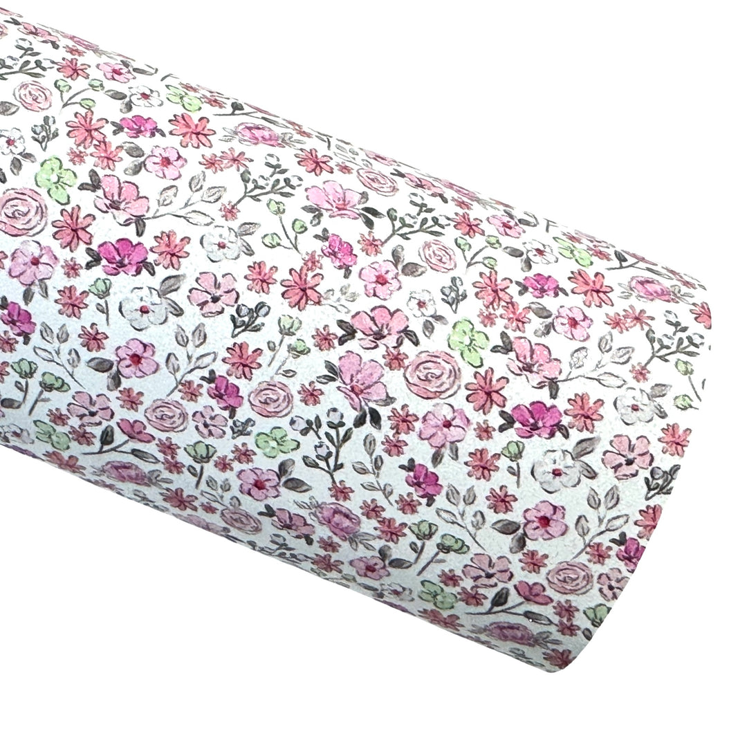 Pink Floral Shimmer Suede Leatherette