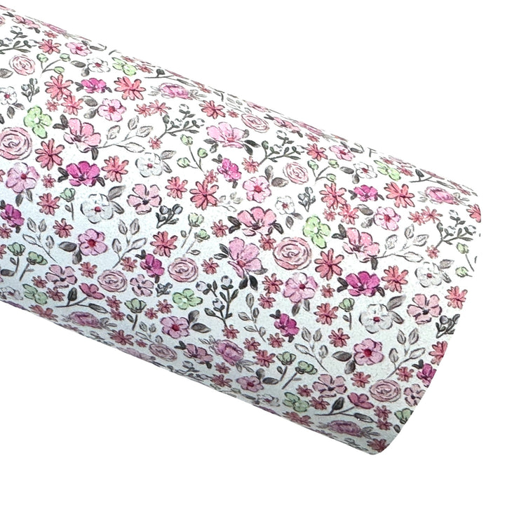 Pink Floral Shimmer Suede Leatherette