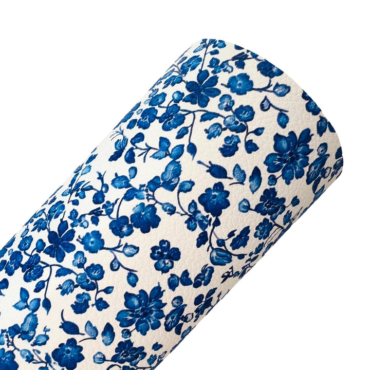 Blue White Ditsy Floral Custom Print Faux Leatherette