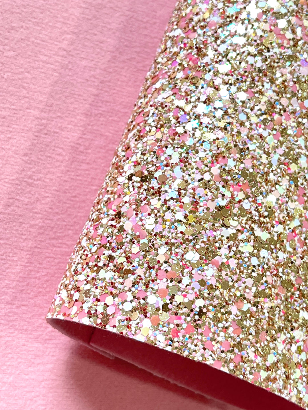 Glamour Sparkle Chunky Glitter Leather | Mixed Pink White & Gold Glitter Leather with a Pink Felt Rear