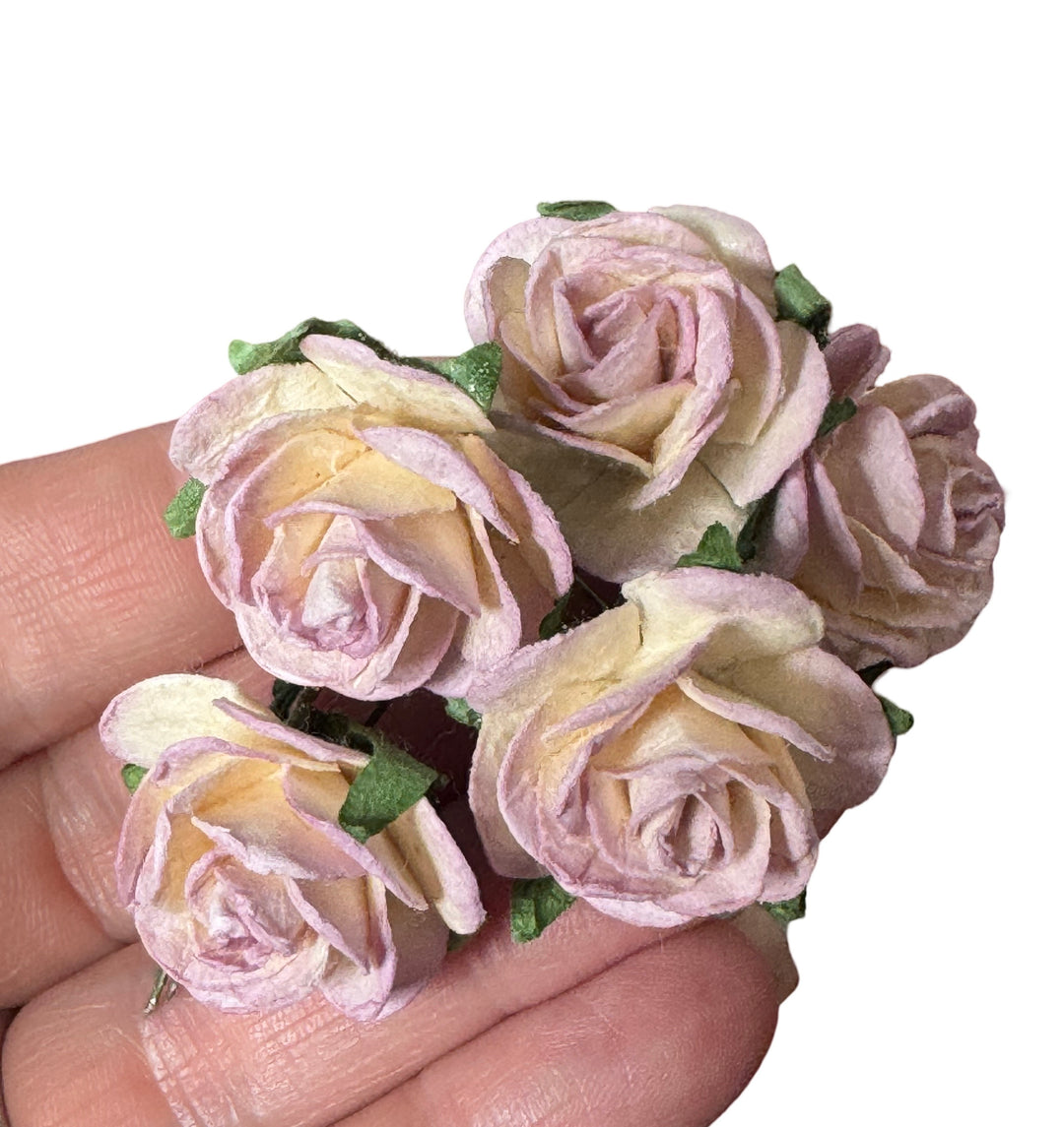 5pc Mulberry Paper Flowers - 2.5cm Rounded Petal Roses - Ivory and Lilac