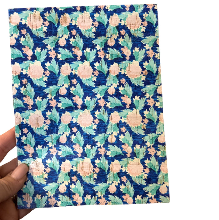 Rose Pink & Navy Summer Floral Leather Backed Cork Sheet - Genuine Printed Leather